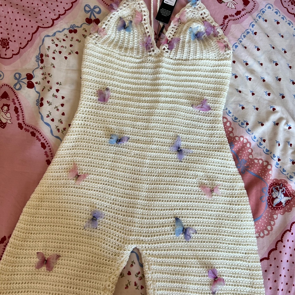 Crochet Halter Jumpsuit with Butterfly Accents